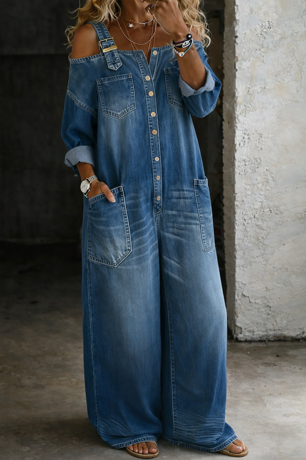 Stephanie | Women's Off-Shoulder Button-Down Denim Shirt Jumpsuit