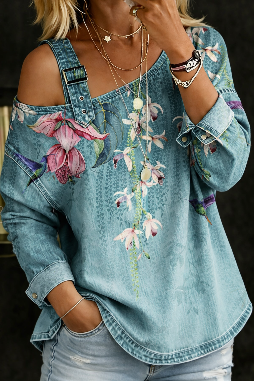Tabitha | Women's Off-Shoulder Shawl Collar Relaxed Denim Top