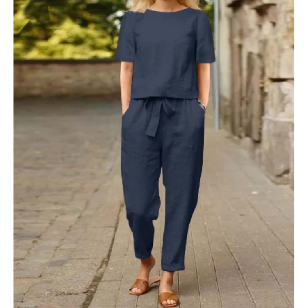 Tayla | Women's Linen Short-Sleeve Blouse and Trousers Set