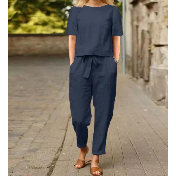 Tayla | Women's Linen Short-Sleeve Blouse and Trousers Set