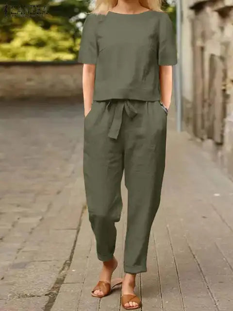 Tayla | Women's Linen Short-Sleeve Blouse and Trousers Set