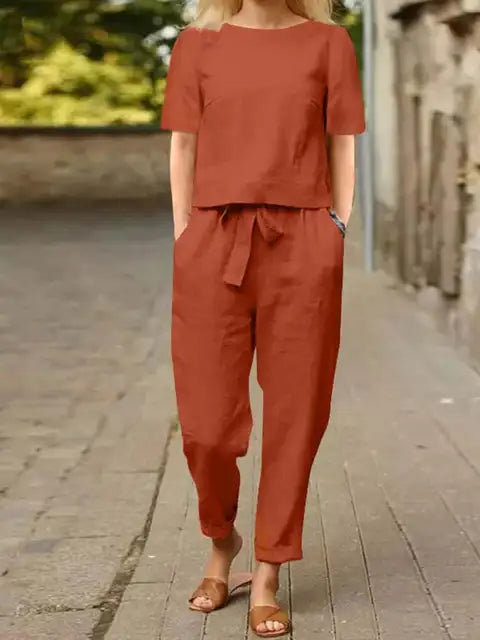 Tayla | Women's Linen Short-Sleeve Blouse and Trousers Set