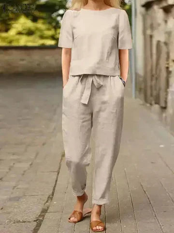 Tayla | Women's Linen Short-Sleeve Blouse and Trousers Set