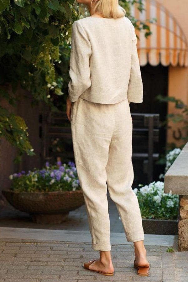 Tayla | Women's Linen Short-Sleeve Blouse and Trousers Set