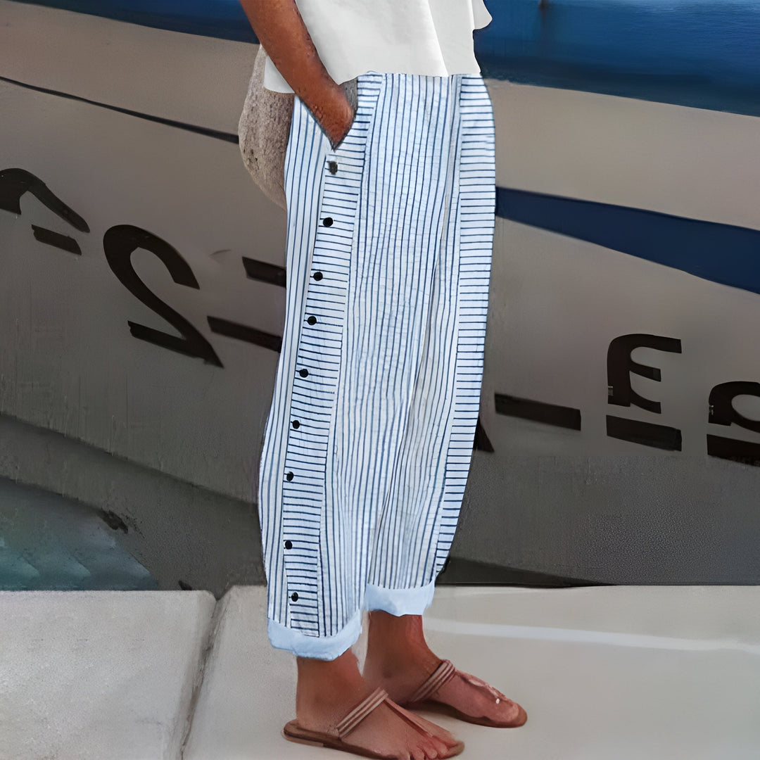 Tess | Women's Striped Panel Straight-Leg Button Trousers