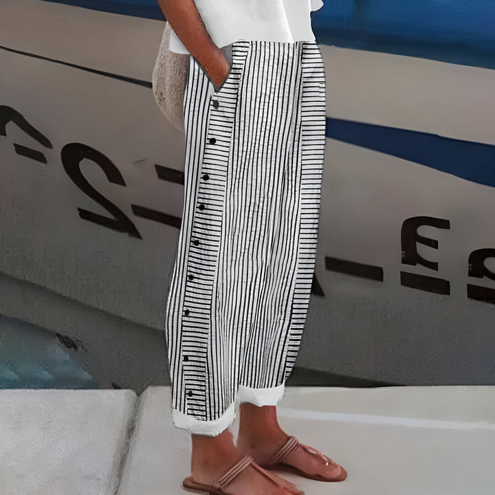 Tess | Women's Striped Panel Straight-Leg Button Trousers