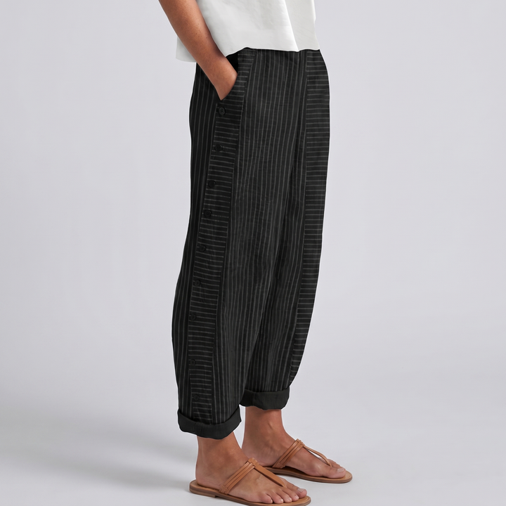 Tess | Women's Striped Panel Straight-Leg Button Trousers