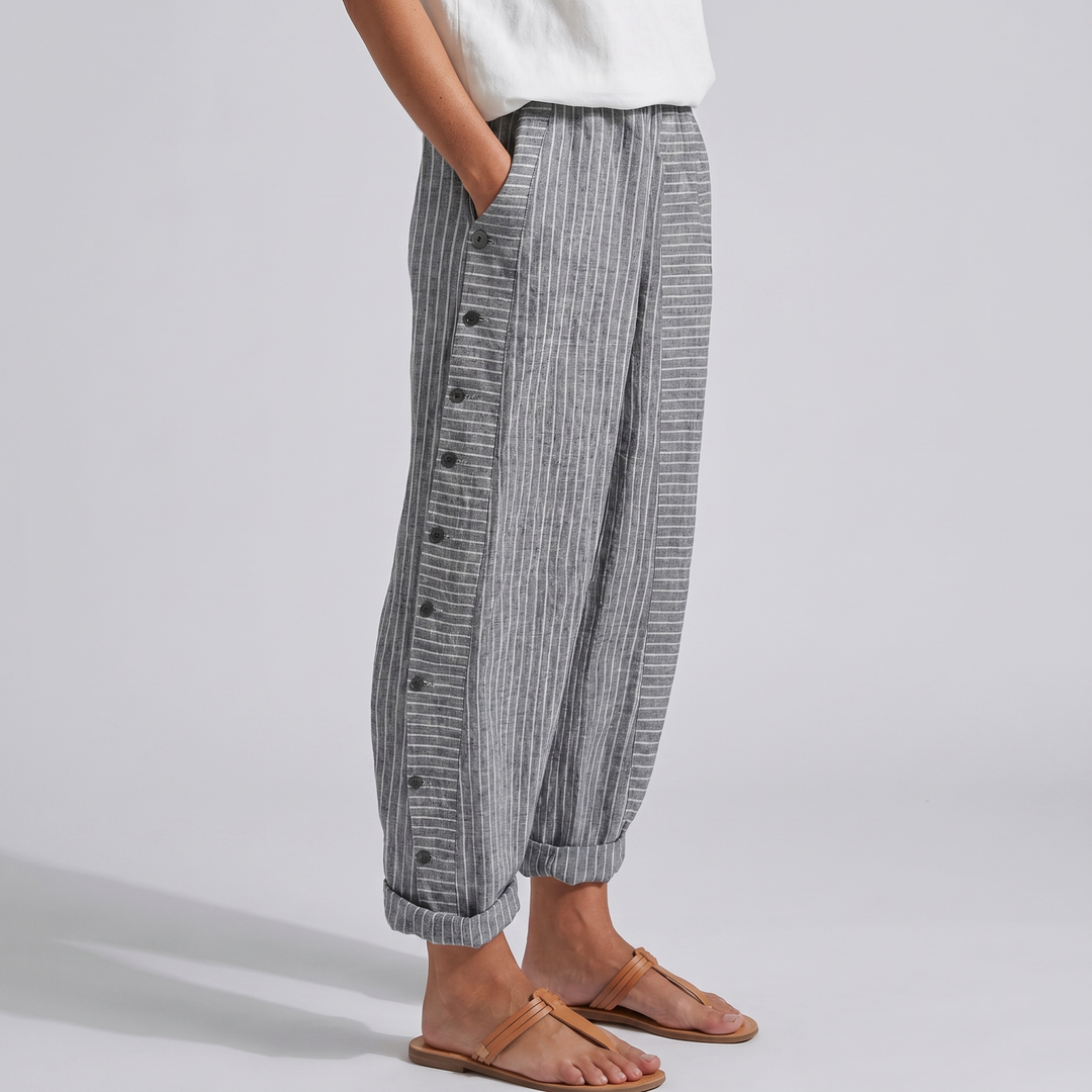 Tess | Women's Striped Panel Straight-Leg Button Trousers