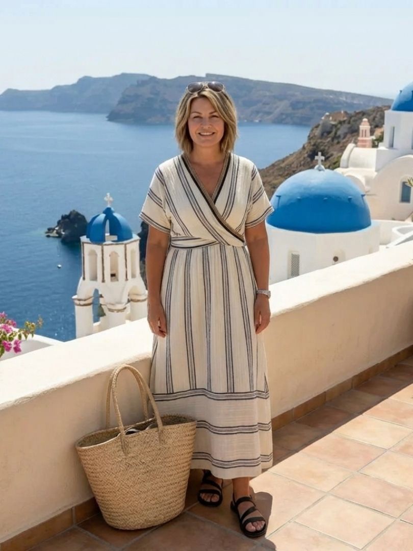 Thalia | Women's Linen V-Neck Wrap-Waist Midi Dress