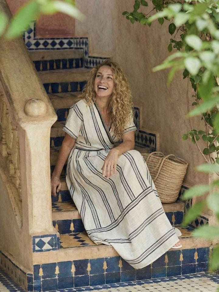 Thalia | Women's Linen V-Neck Wrap-Waist Midi Dress