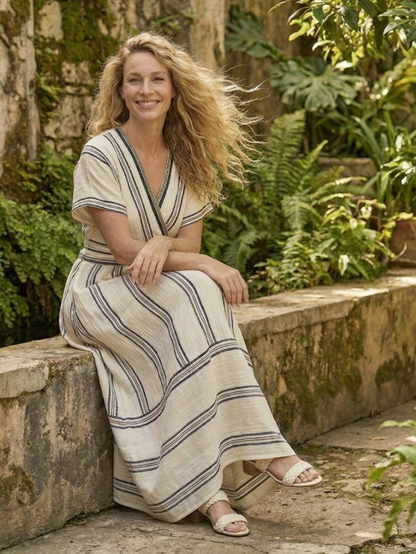 Thalia | Women's Linen V-Neck Wrap-Waist Midi Dress