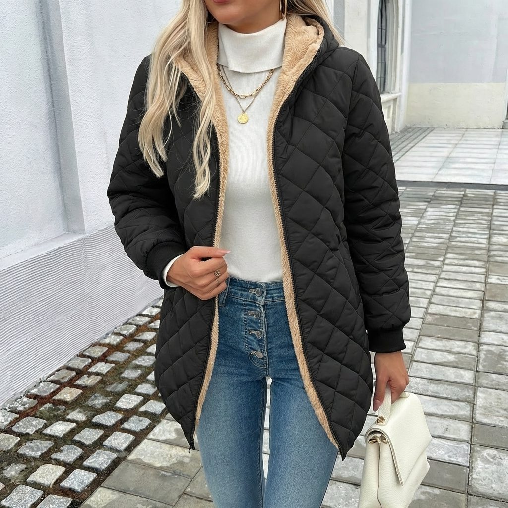 Simone | Women's Quilted Longline Hooded Coat with Lined Hood
