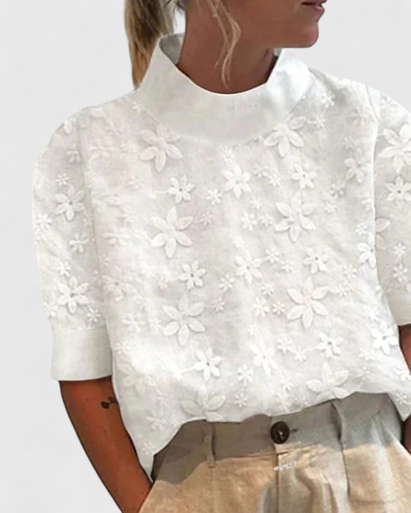Theodora | Women's Floral Embroidered Stand Collar Elegant Blouse