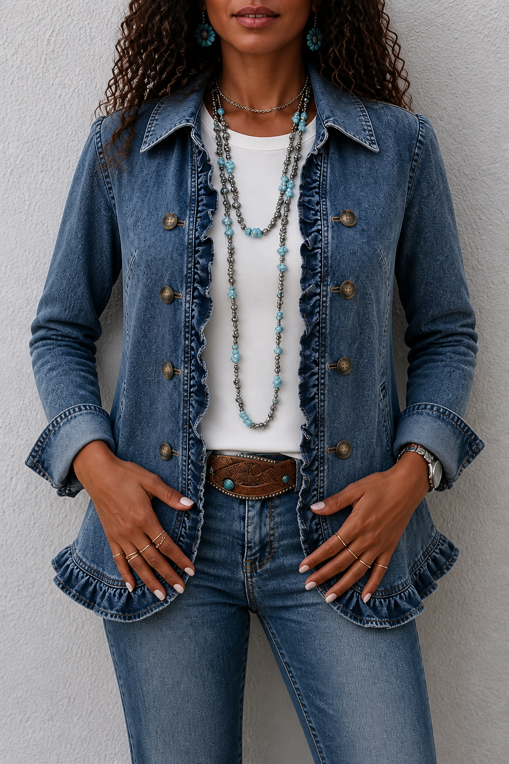 Isaure | Women's Ruffle-Trimmed Trucker Jacket with Button Front
