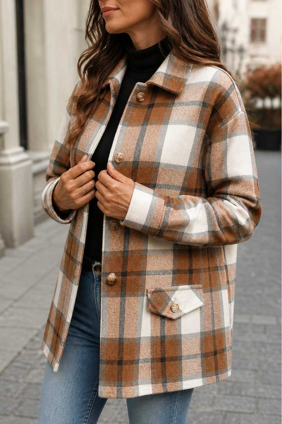 Clarisse | Women's Relaxed Check Shirt Jacket with Flap Pockets