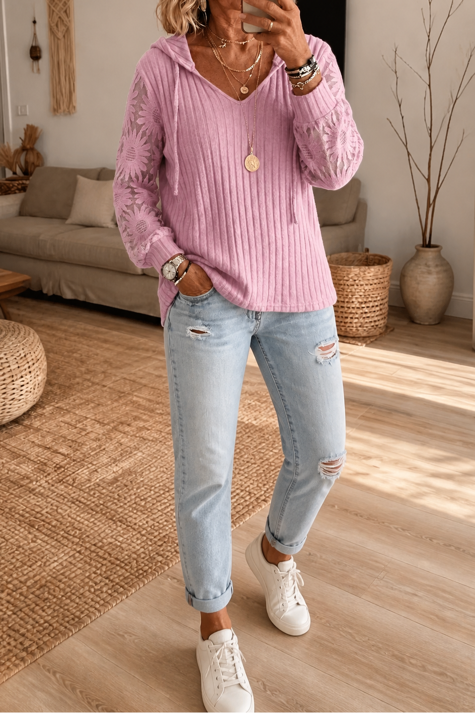 Prudence | Women's Ribbed Hooded Cardigan with Openwork Sleeves