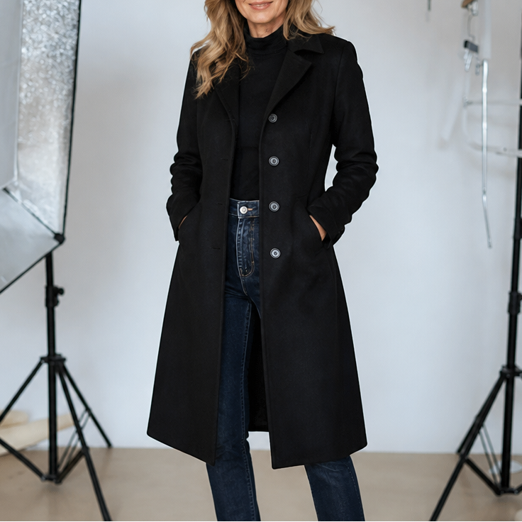 Thomasine | Women's Mid-Calf Coat with Patch Pockets and Notch Lapel