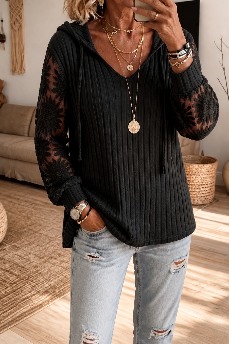 Prudence | Women's Ribbed Hooded Cardigan with Openwork Sleeves