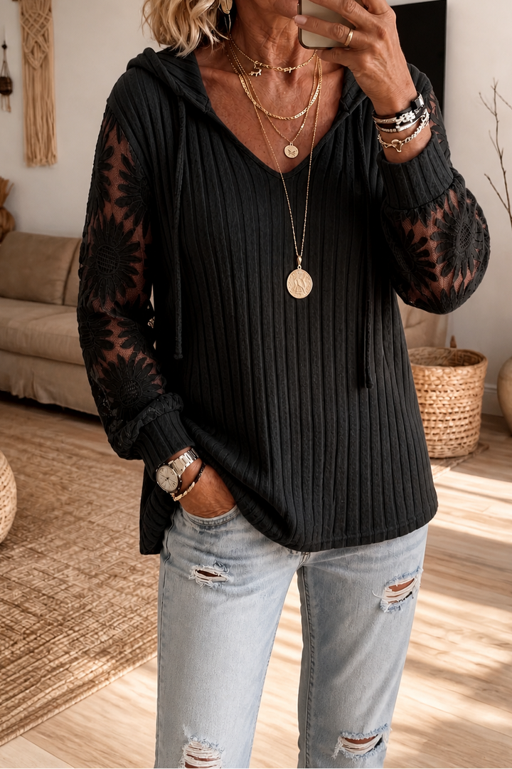 Prudence | Women's Ribbed Hooded Cardigan with Openwork Sleeves