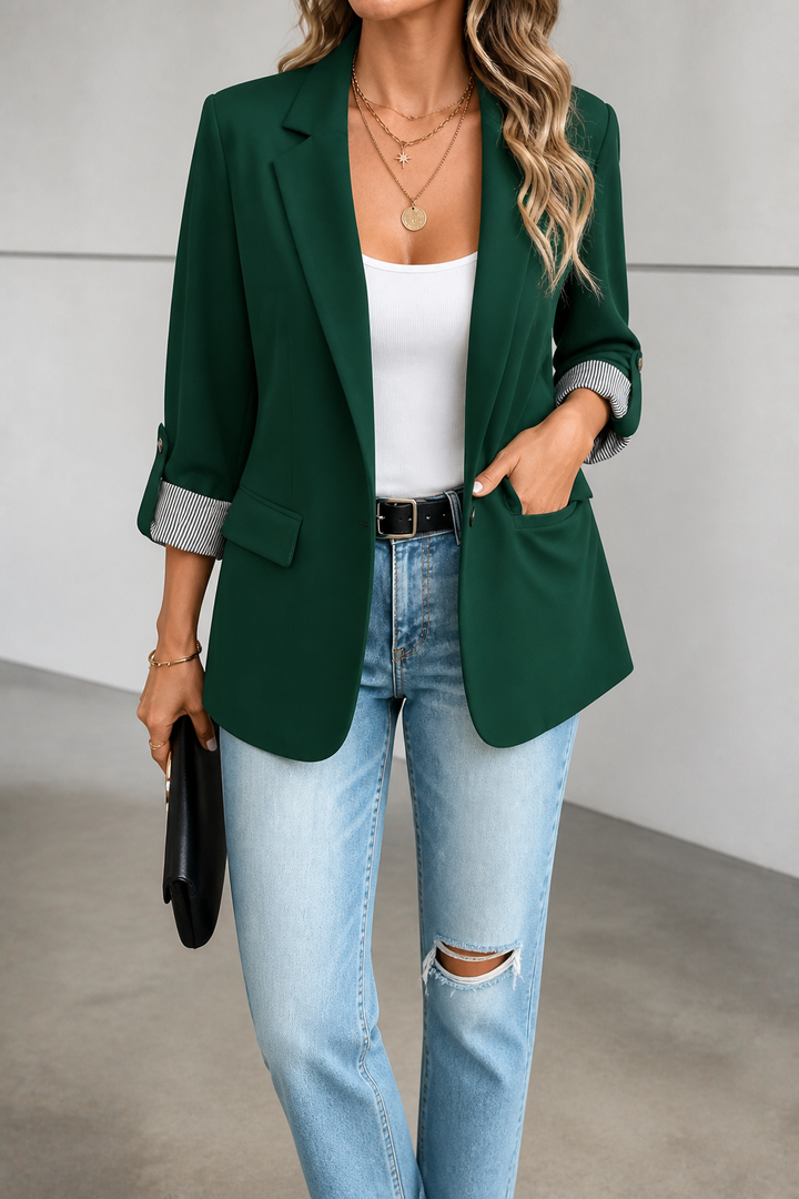 Berangere | Women's Roll-Sleeve Blazer with Striped Cuff Lining
