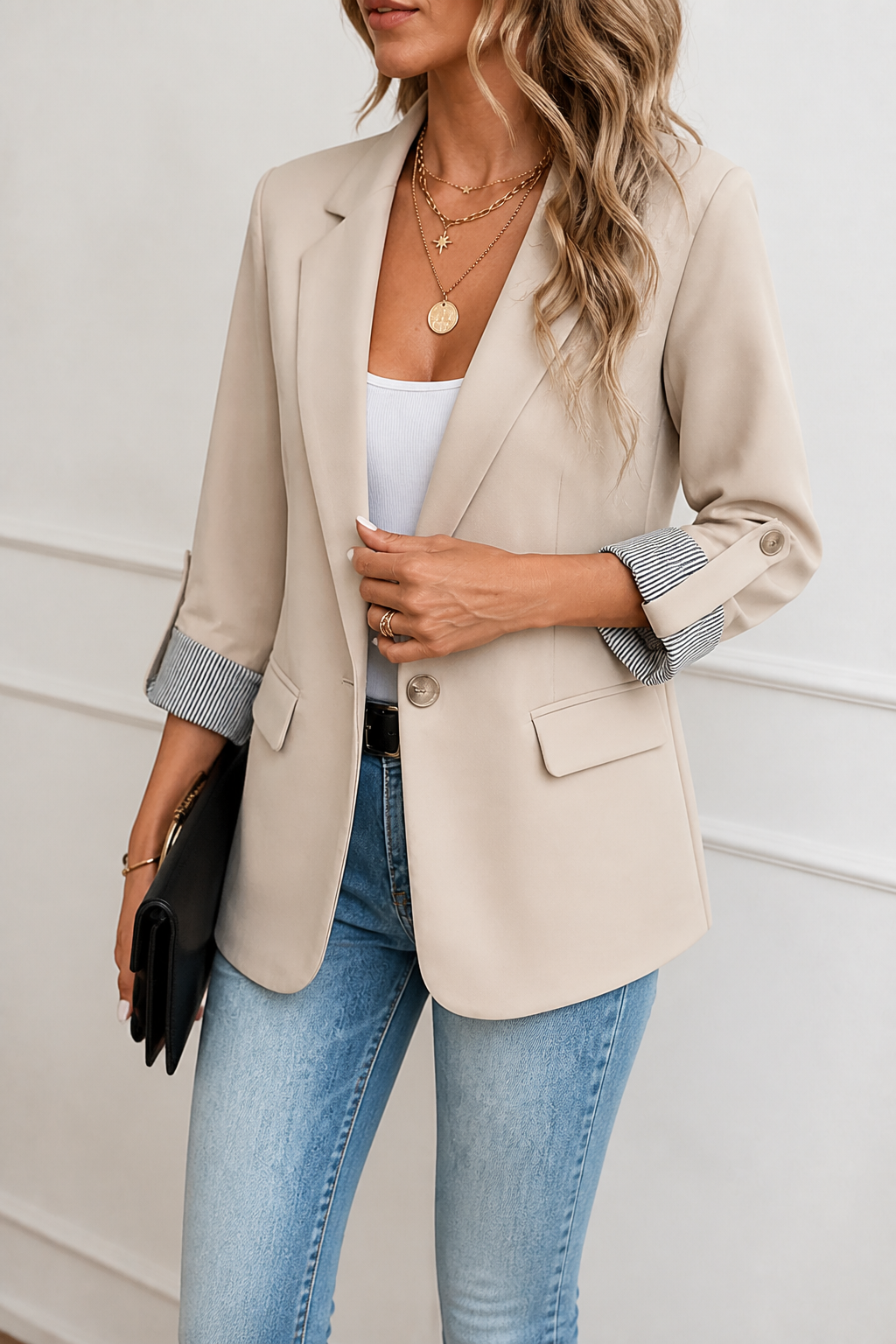 Berangere | Women's Roll-Sleeve Blazer with Striped Cuff Lining