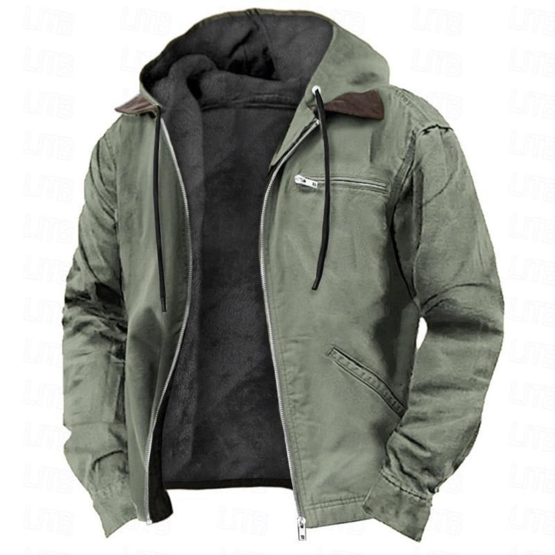 Men's Hooded Zip-Front Winter Jacket with Inner Lining and Chest Pocket