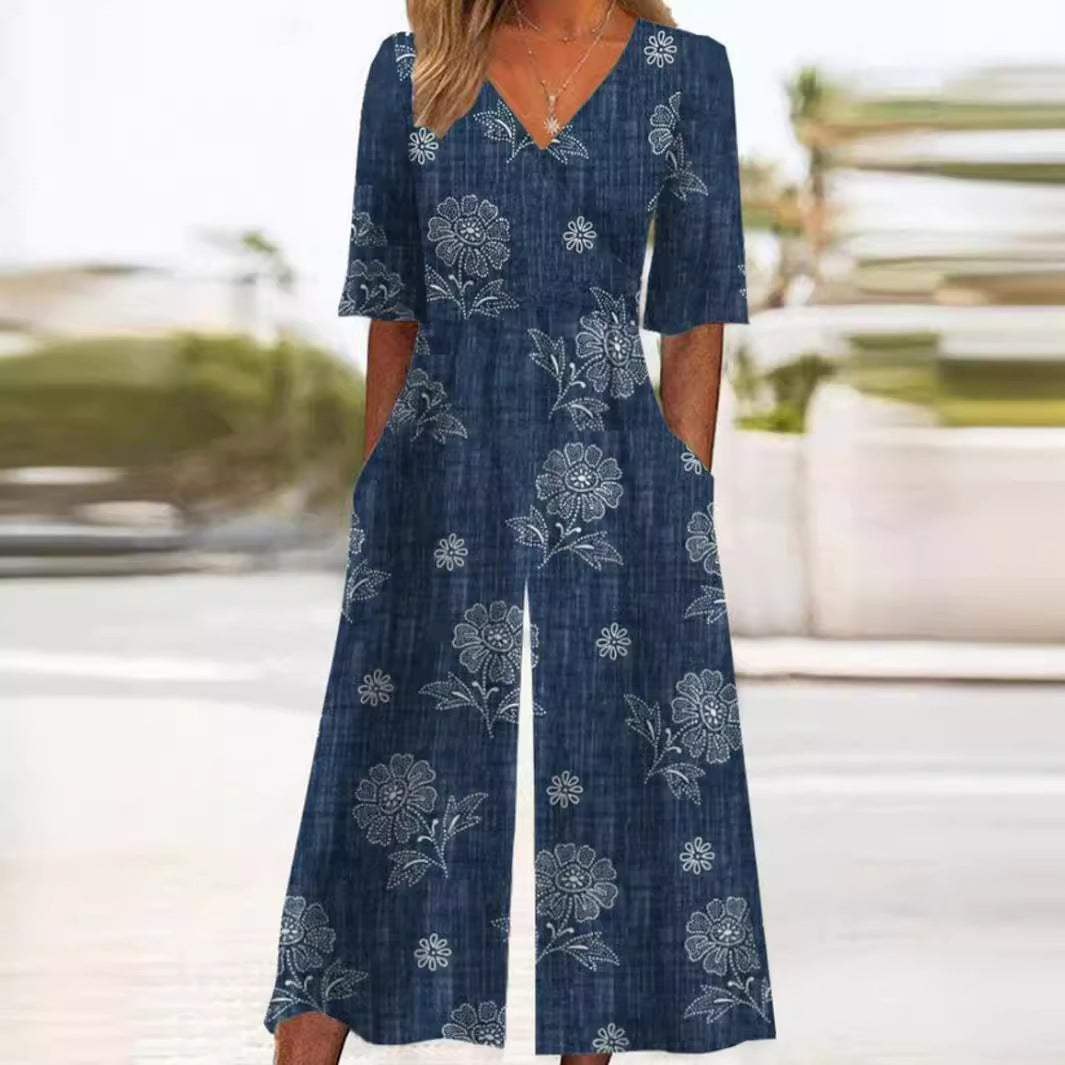 Vina | Women's Boho Print V-Neck Half-Sleeve Jumpsuit