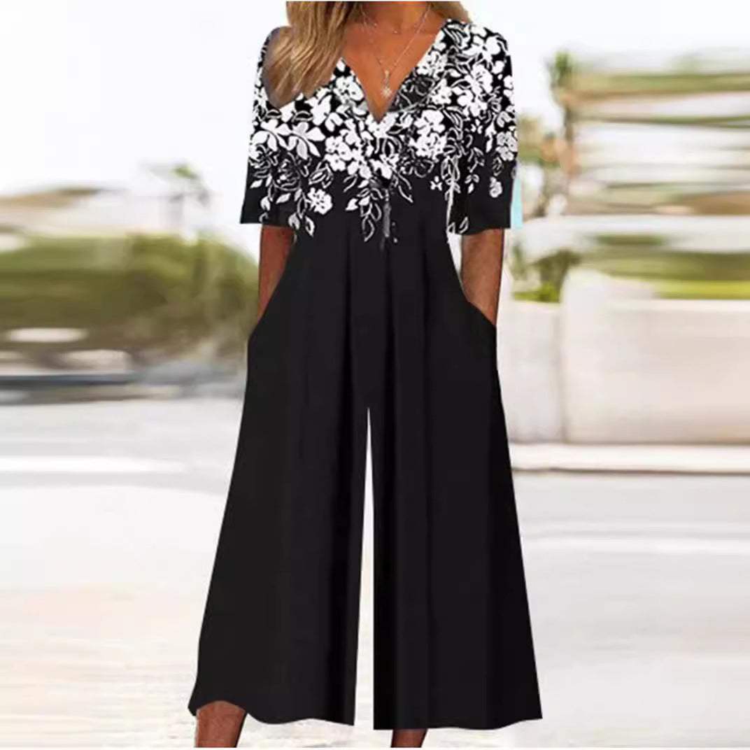 Vina | Women's Boho Print V-Neck Half-Sleeve Jumpsuit