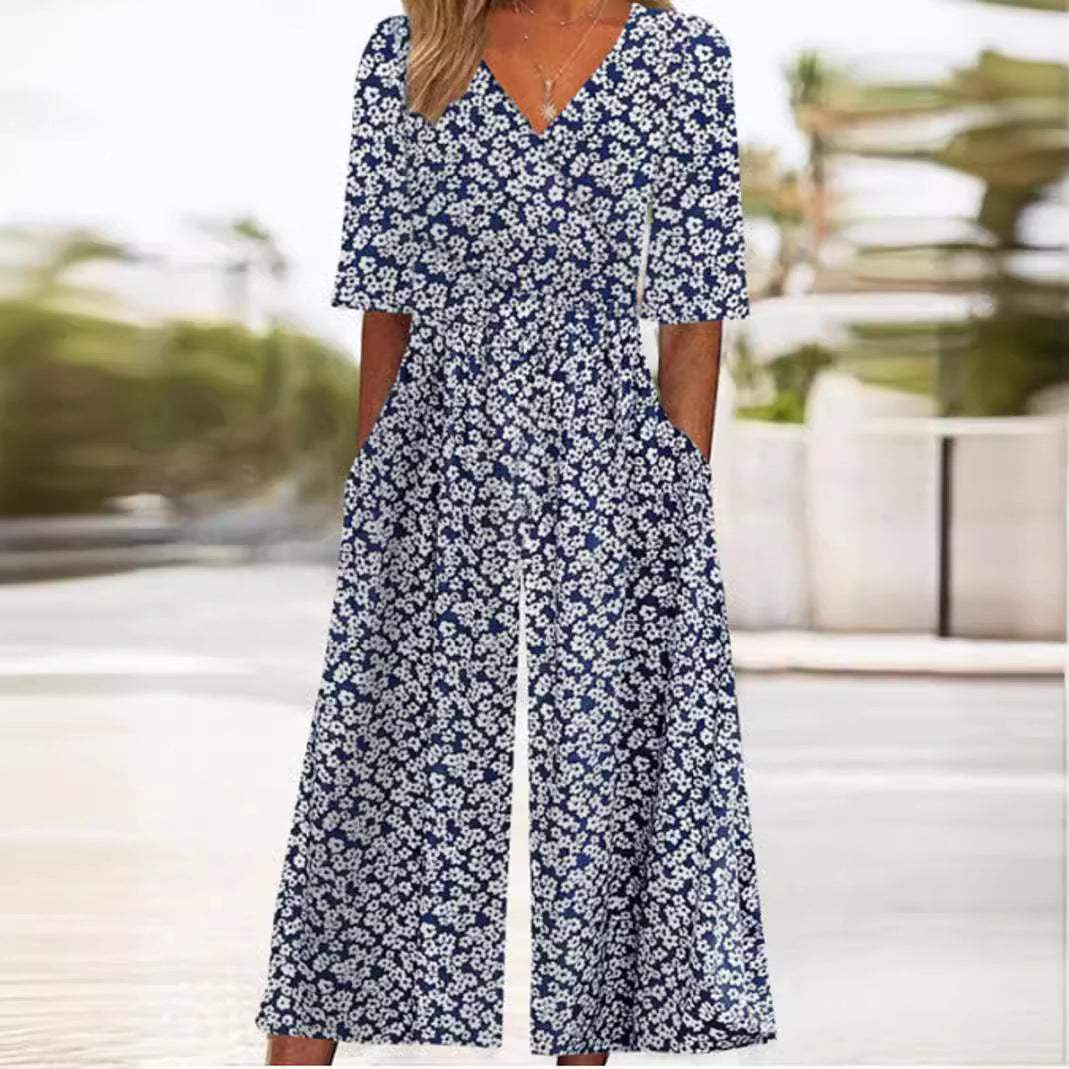 Vina | Women's Boho Print V-Neck Half-Sleeve Jumpsuit