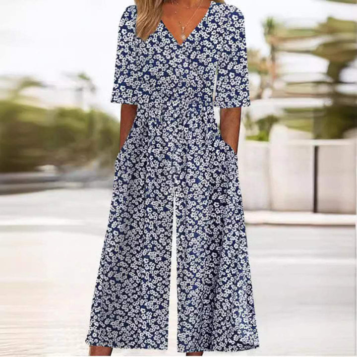 Vina | Women's Boho Print V-Neck Half-Sleeve Jumpsuit