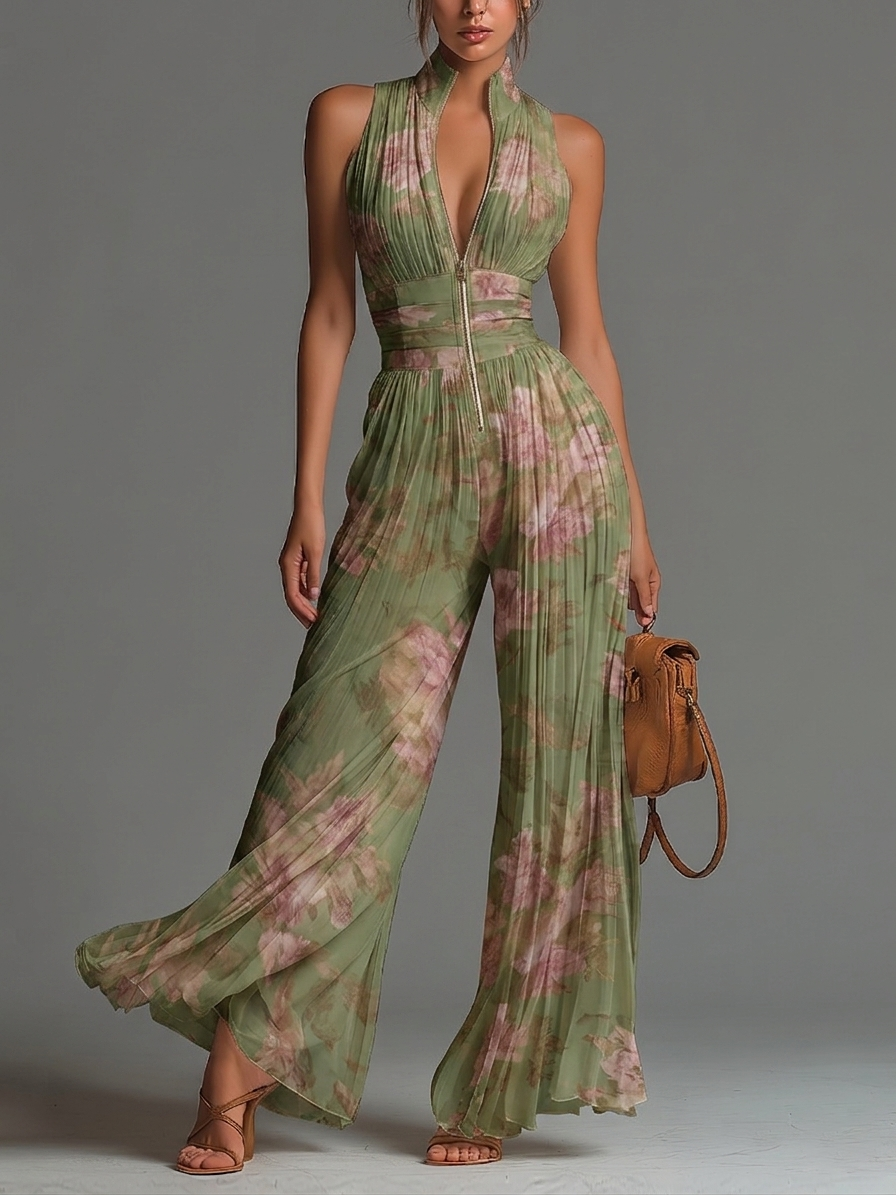 Vivienne | Women's Floral V-Neck Pleated Wide-Leg Chiffon Jumpsuit