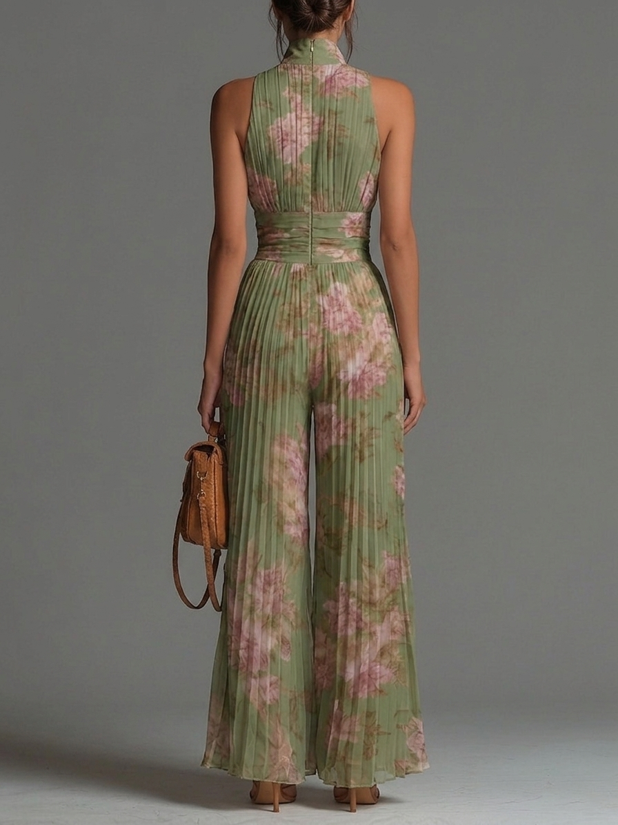 Vivienne | Women's Floral V-Neck Pleated Wide-Leg Chiffon Jumpsuit
