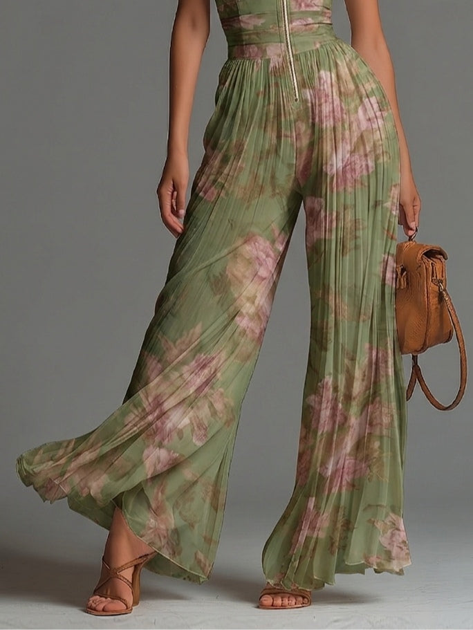Vivienne | Women's Floral V-Neck Pleated Wide-Leg Chiffon Jumpsuit