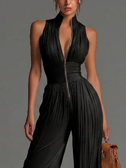 Vivienne | Women's Sleeveless Pleated Wide-Leg Chiffon Jumpsuit