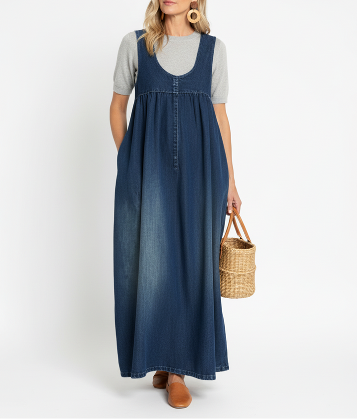 Wilhelmina | Women's Vintage Washed Denim-Look Flowing Maxi Dress