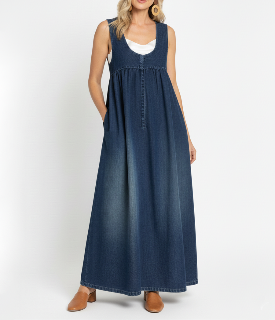 Wilhelmina | Women's Vintage Washed Denim-Look Flowing Maxi Dress
