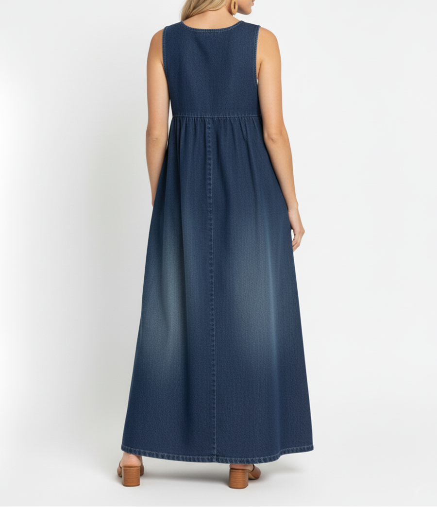 Wilhelmina | Women's Vintage Washed Denim-Look Flowing Maxi Dress