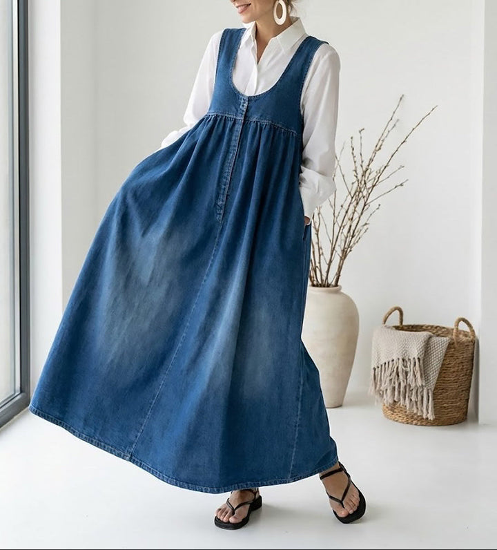 Wilhelmina | Women's Vintage Washed Denim-Look Flowing Maxi Dress