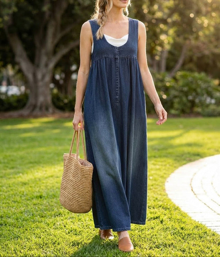 Wilhelmina | Women's Vintage Washed Denim-Look Flowing Maxi Dress