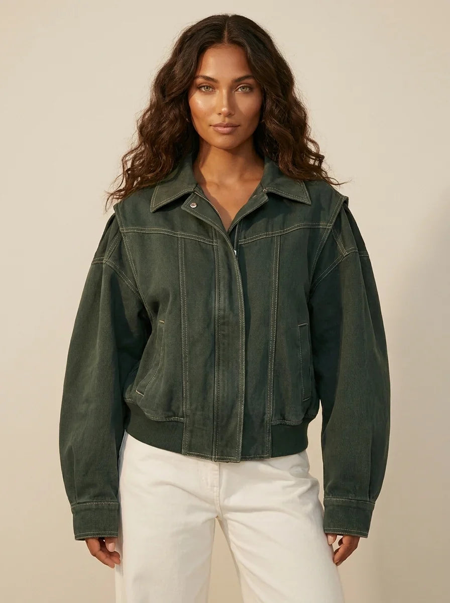 Urielle | Women's Cropped Oversized Bomber with Contrast Stitching
