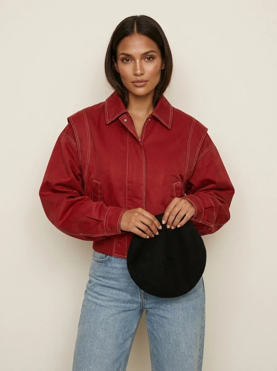 Urielle | Women's Cropped Oversized Bomber with Contrast Stitching