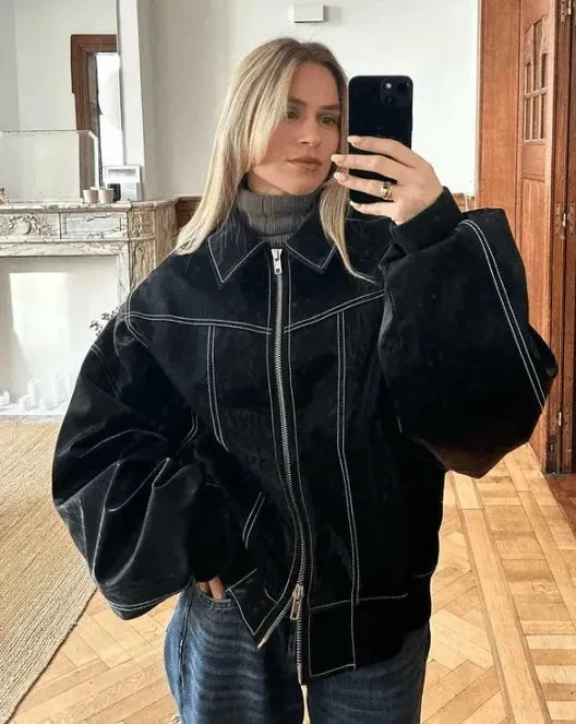 Urielle | Women's Cropped Oversized Bomber with Contrast Stitching