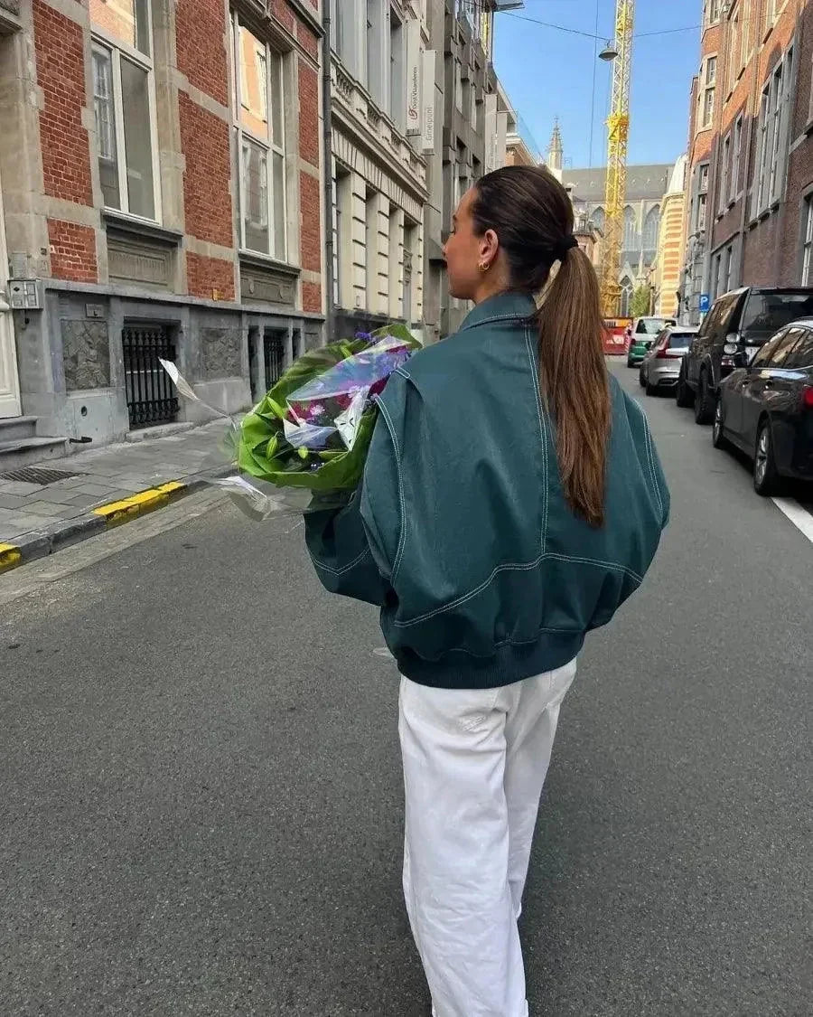 Urielle | Women's Cropped Oversized Bomber with Contrast Stitching