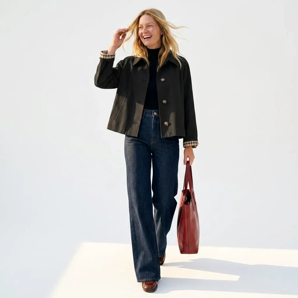 Valentine | Women's Cropped Oversized Trucker Jacket with Check Cuffs