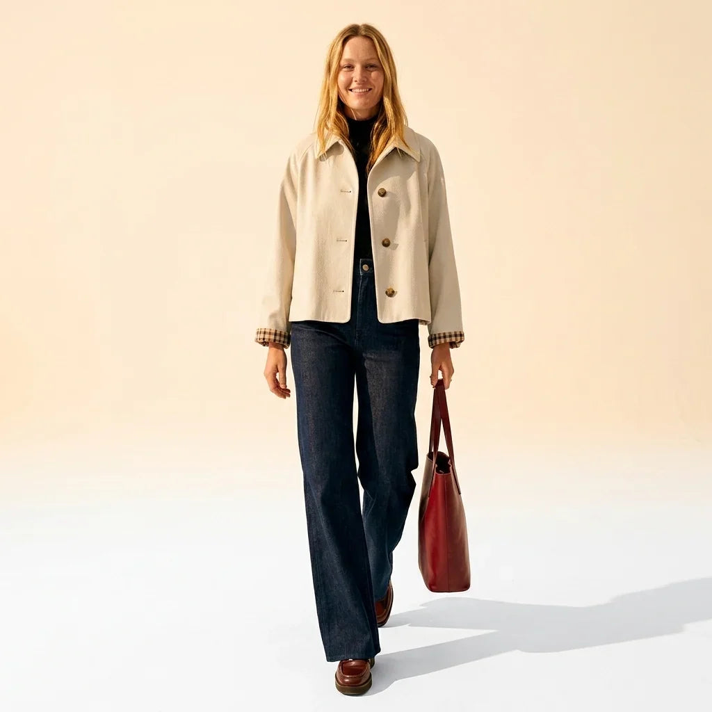 Valentine | Women's Cropped Oversized Trucker Jacket with Check Cuffs