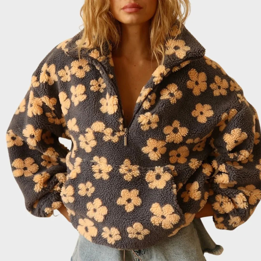 Fanchon | Women's Floral Print Quarter-Zip Sweater