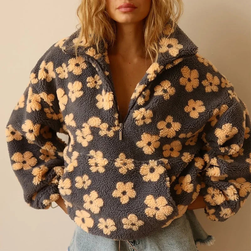 Fanchon | Women's Floral Print Quarter-Zip Sweater