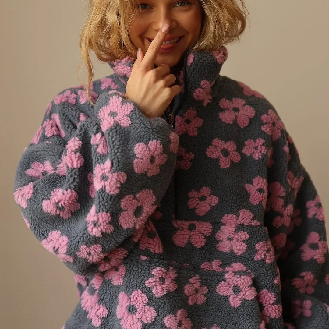 Fanchon | Women's Floral Print Quarter-Zip Sweater