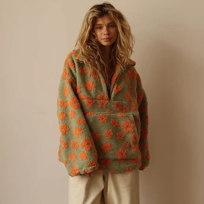 Fanchon | Women's Floral Print Quarter-Zip Sweater