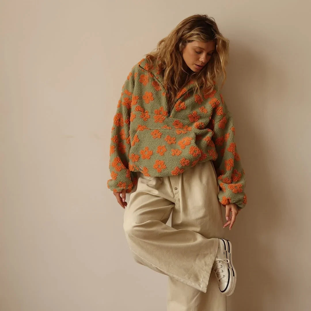 Fanchon | Women's Floral Print Quarter-Zip Sweater